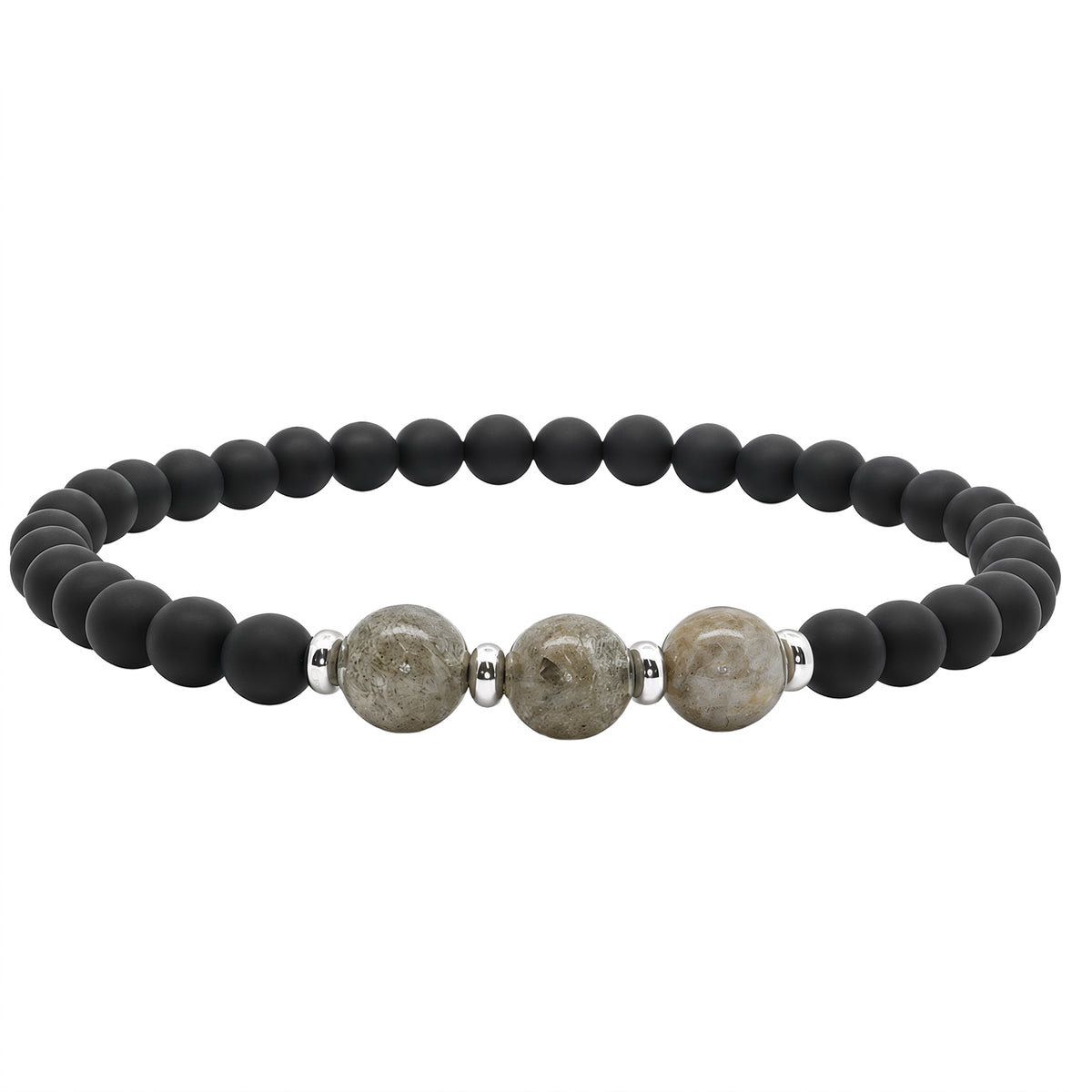 Grace & Co Men's Labodorite Grey and Matt Onyx Beaded Bracelet, 22cm