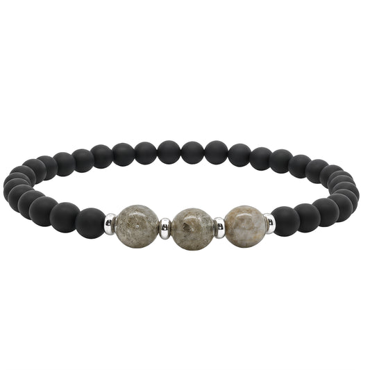 Men's Labodorite Grey and Matt Onyx Beaded Bracelet, 22cm