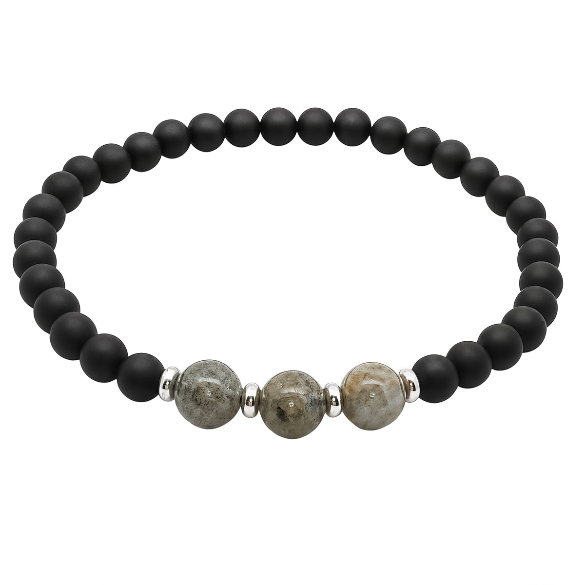 Grace & Co Men's Labodorite Grey and Matt Onyx Beaded Bracelet, 22cm