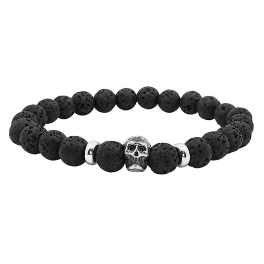 Men's Lava Beaded Bracelet Featuring a Silver Skull, 22cm