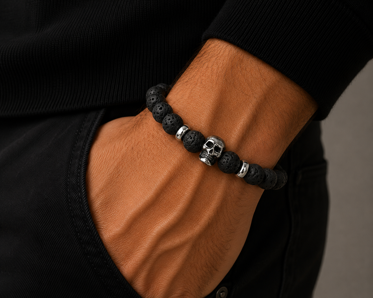 Men's Lava Beaded Bracelet Featuring a Silver Skull, 22cm