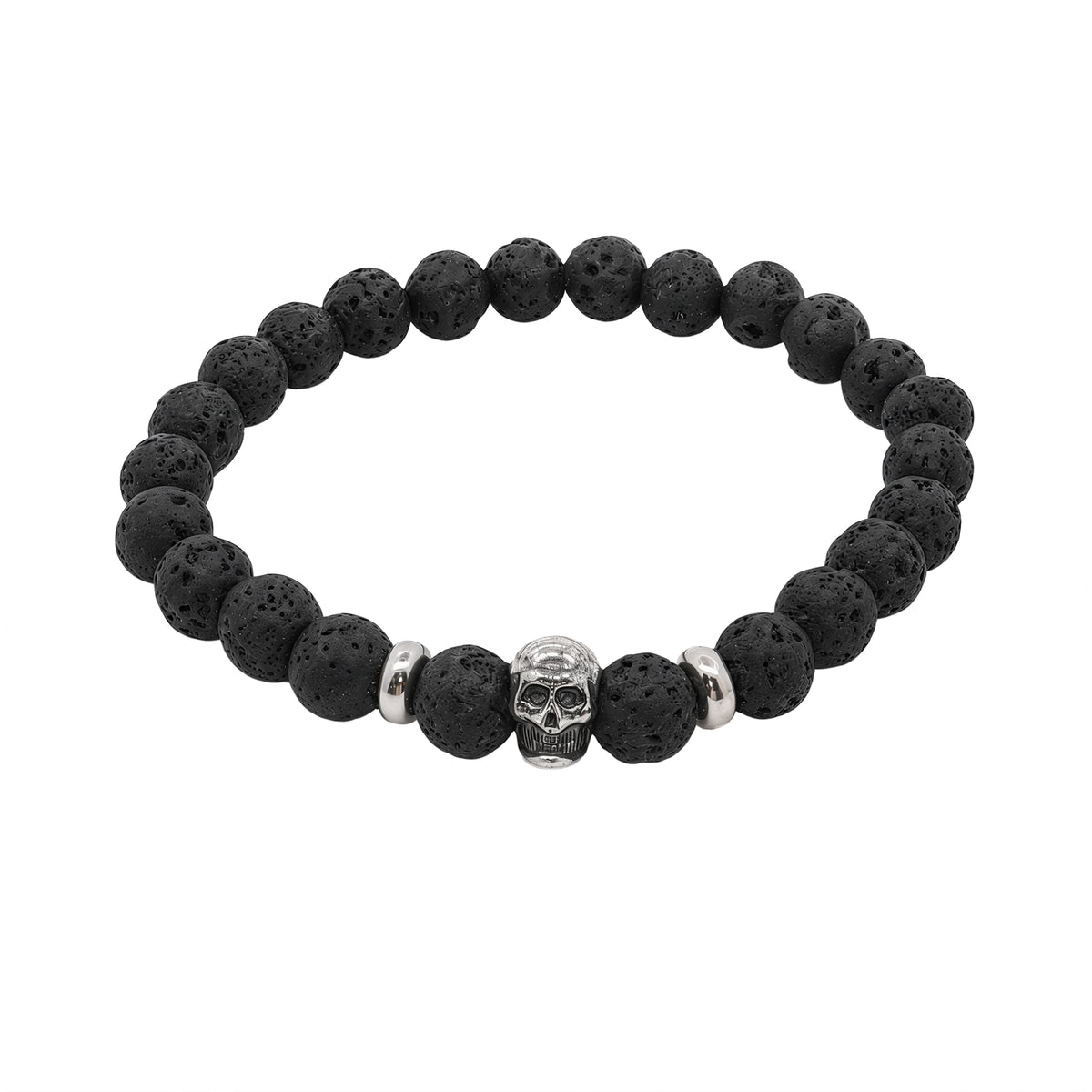 Men's Lava Beaded Bracelet Featuring a Silver Skull, 22cm