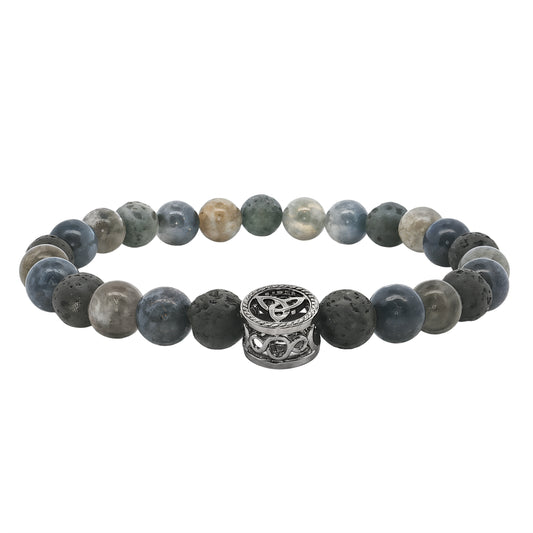 Men's Lapis, Labordorite and Lava Beaded Bracelet Featuring a Celtic Symbol