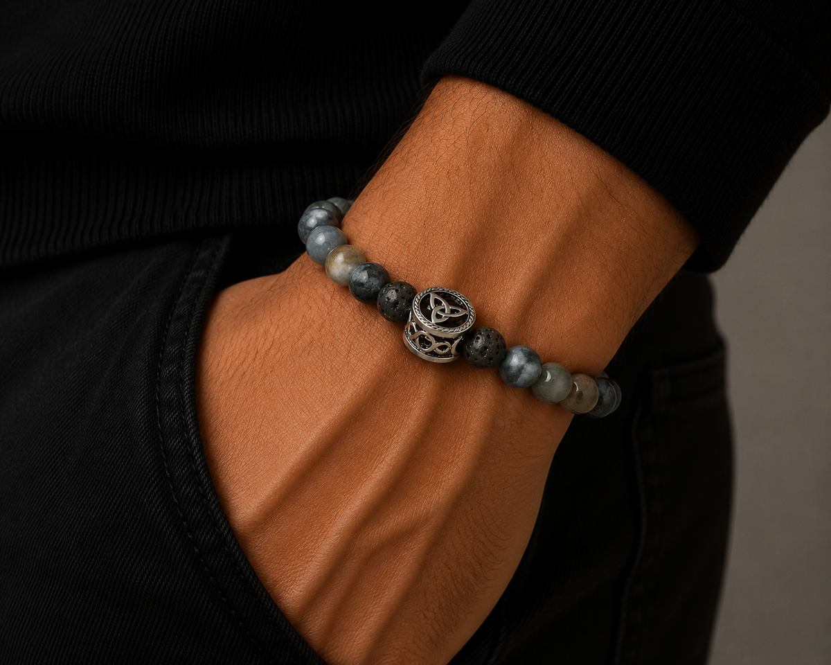 Men's Lapis, Labordorite and Lava Beaded Bracelet Featuring a Celtic Symbol