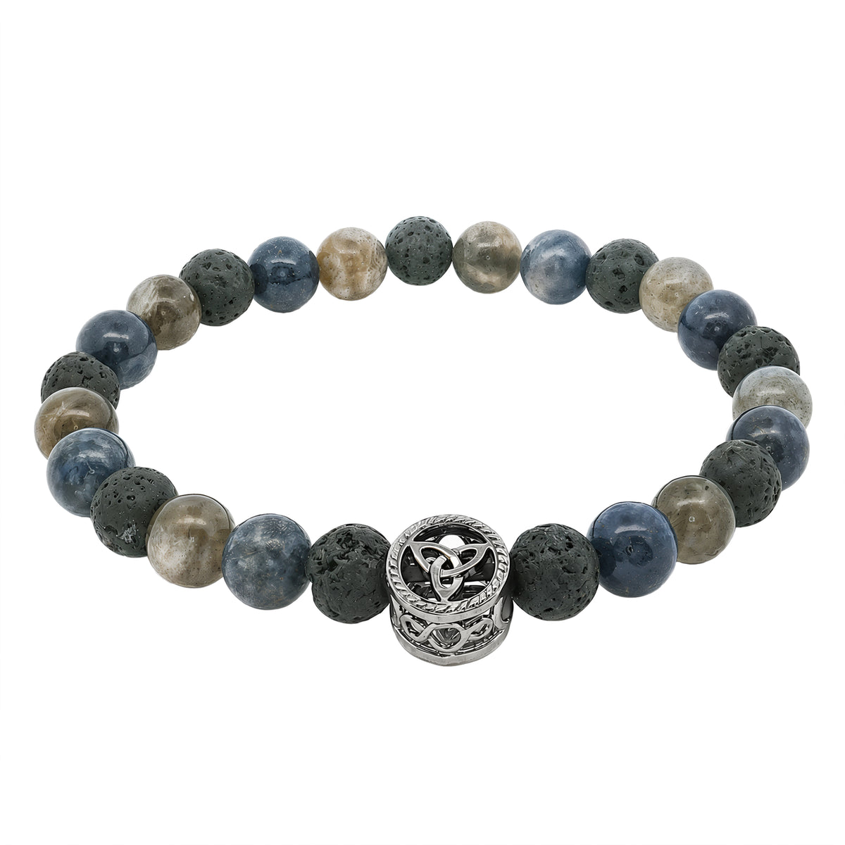 Men's Lapis, Labordorite and Lava Beaded Bracelet Featuring a Celtic Symbol