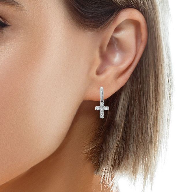 Silver & CZ Cross Pendant Drop Earrings