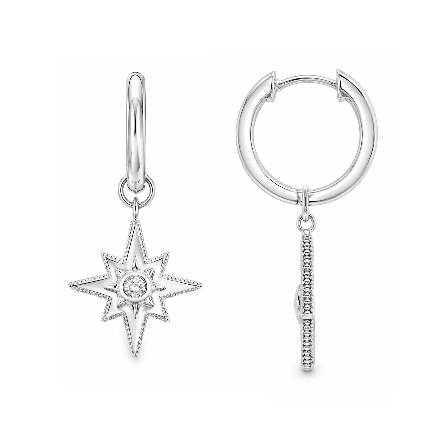 Silver & CZ Star Drop Hoop Earrings