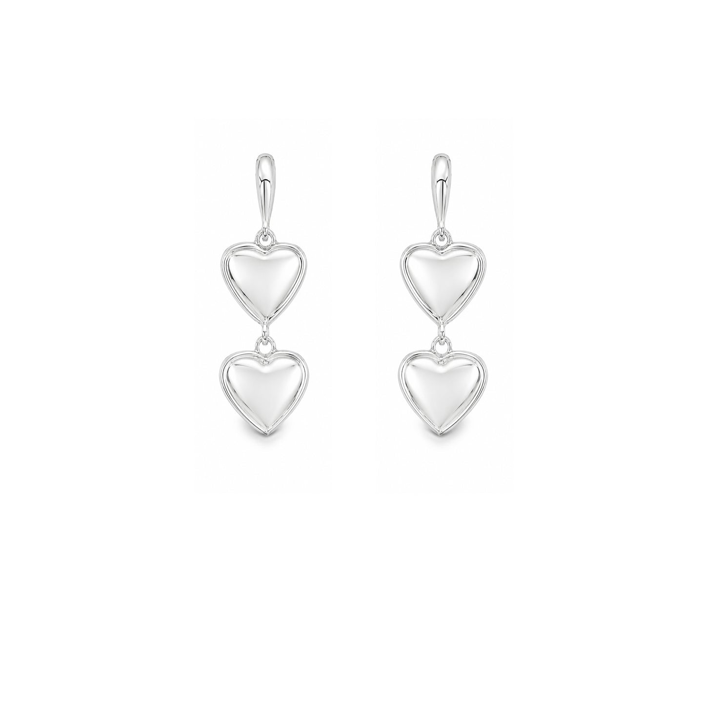 Silver High Shine Double Drop Hearts Stud Earrings