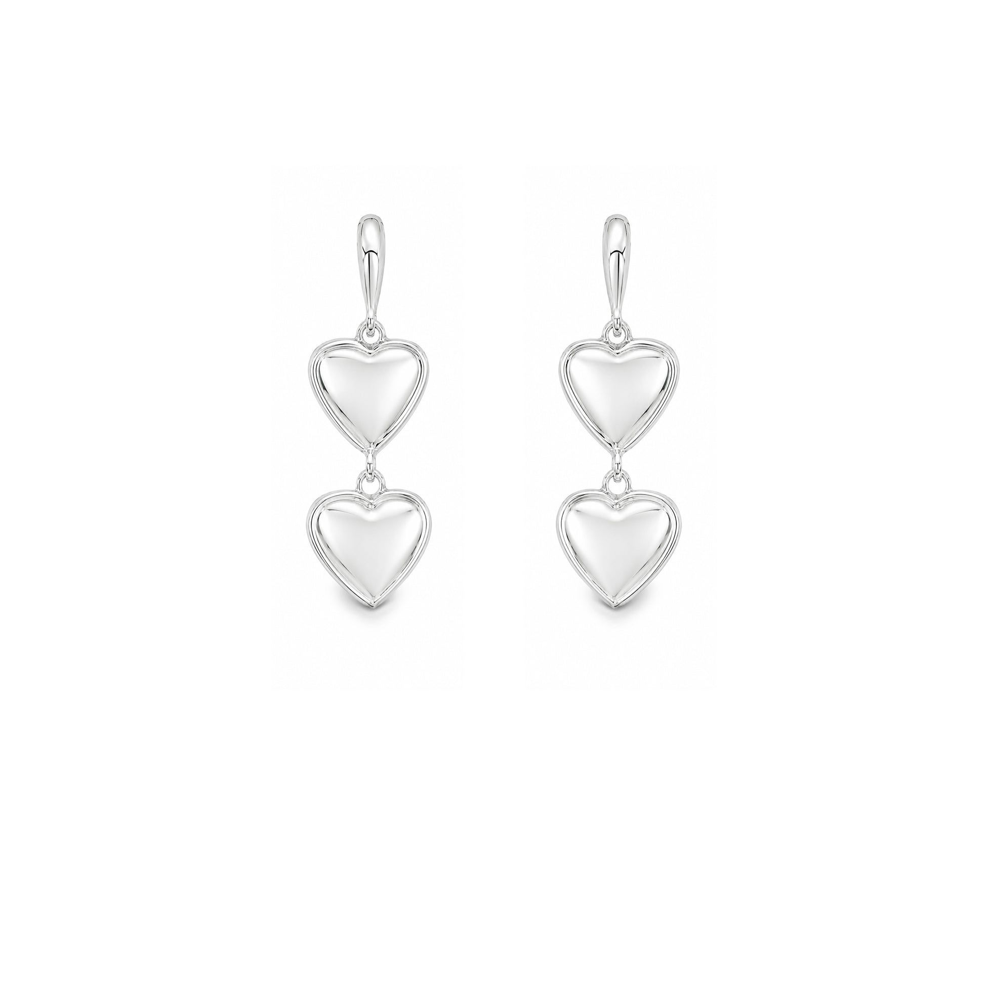 Grace & Co Silver High Shine Double Drop Hearts Stud Earrings