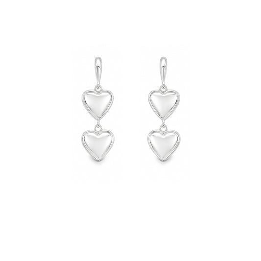 Silver High Shine Double Drop Hearts Stud Earrings