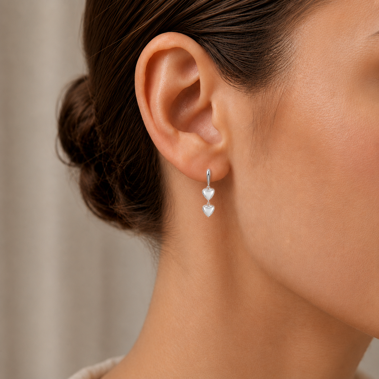 Silver High Shine Double Drop Hearts Stud Earrings