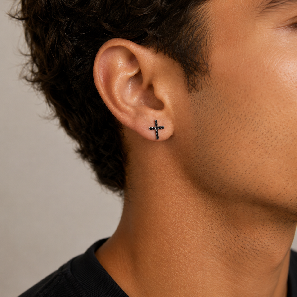 Men's Rhodium Plated Silver & Black CZ Cross Single Stud Earring