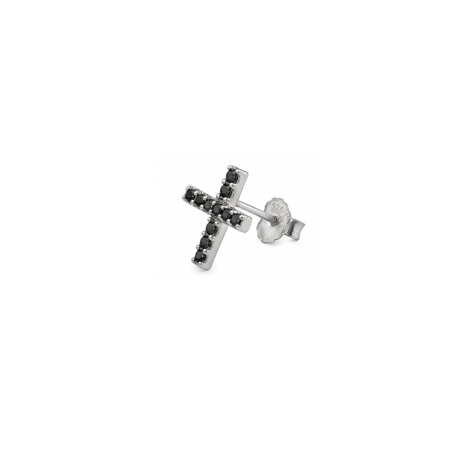 Men's Rhodium Plated Silver & Black CZ Cross Single Stud Earring
