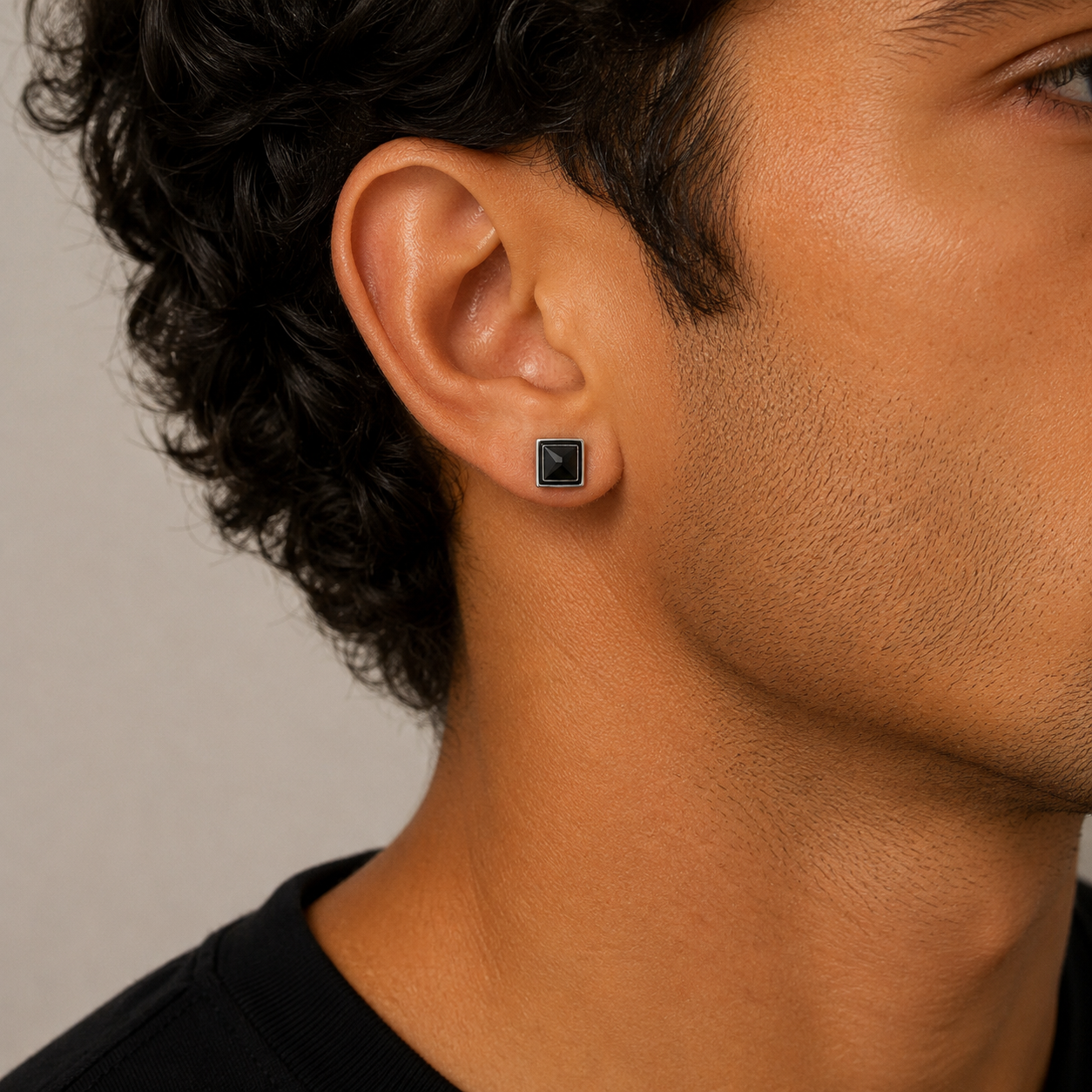 Men's Rhodium Plated Silver & Black Glass Single Stud Earring