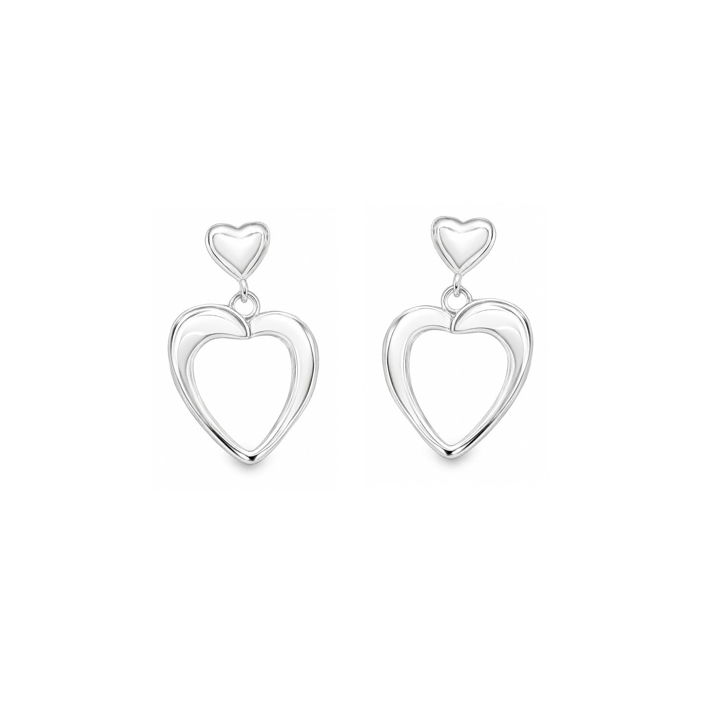 Silver Double Love Heart Drop Earrings