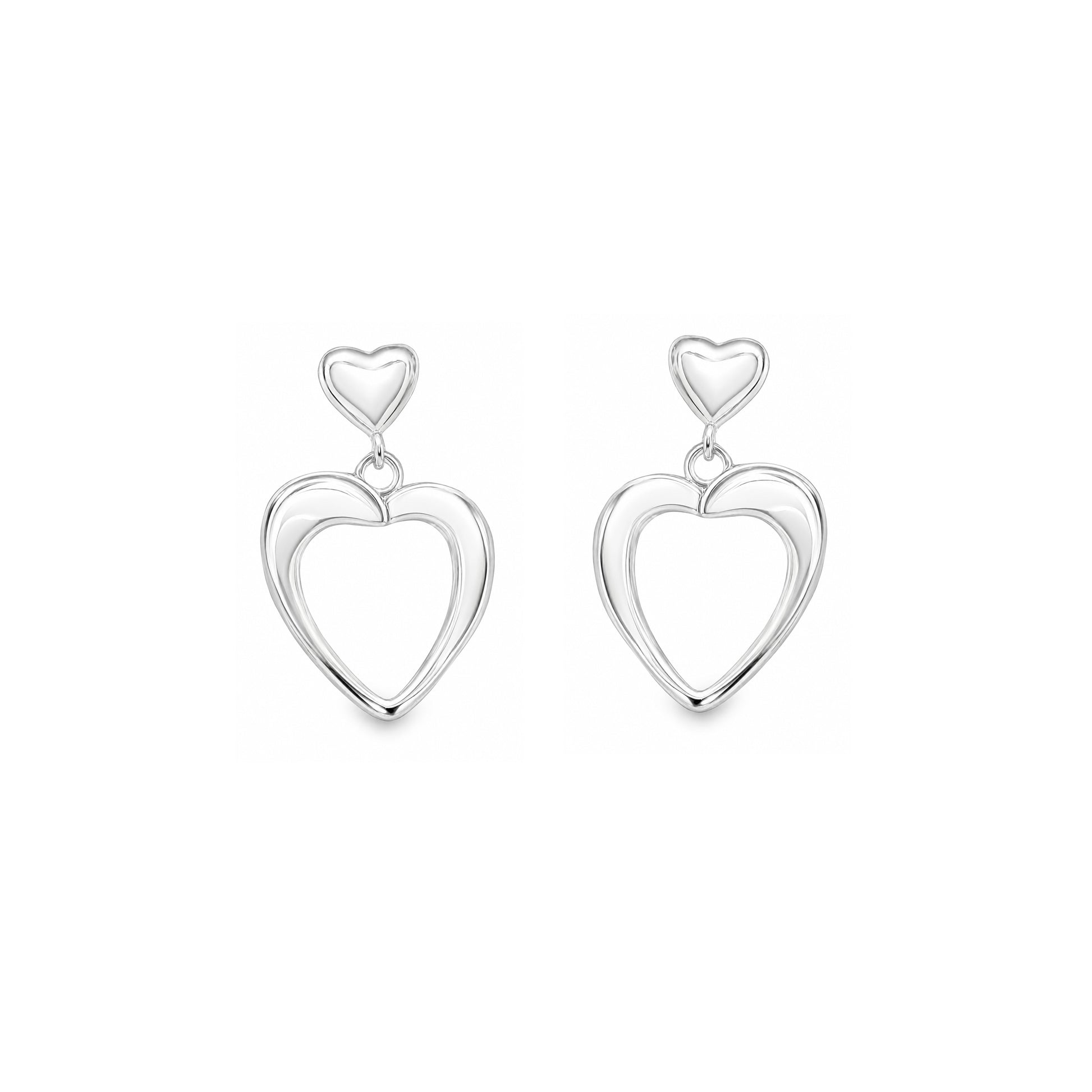 Grace & Co Silver Double Love Heart Drop Earrings