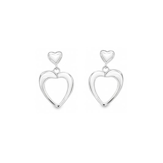 Silver Double Love Heart Drop Earrings