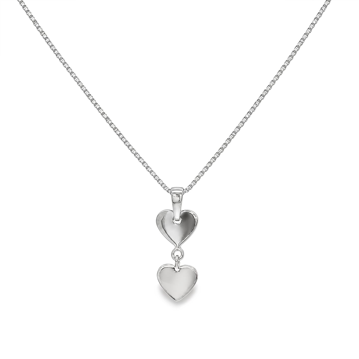 Silver High Shine Double Drop Hearts Pendant Necklace