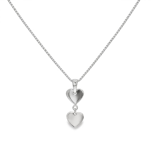 Silver High Shine Double Drop Hearts Pendant Necklace