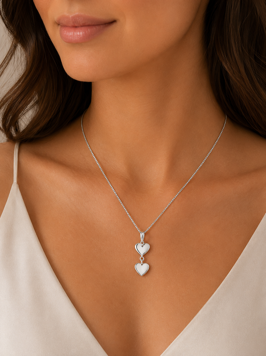 Silver High Shine Double Drop Hearts Pendant Necklace