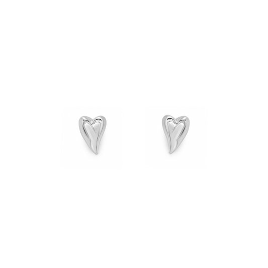 Silver Polished Slanted Heart Stud Earrings