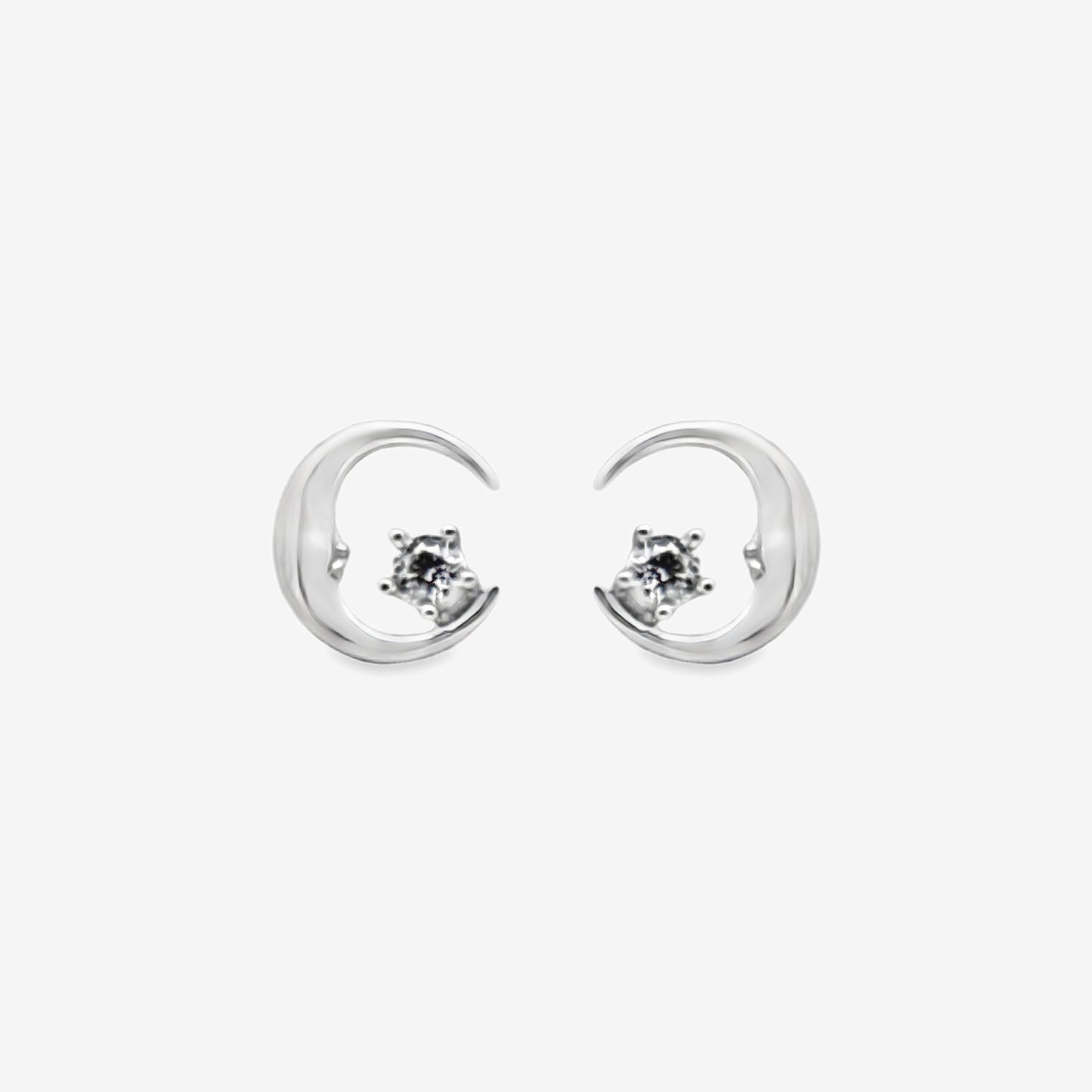 Silver & CZ Crescent Moon Stud Earrings