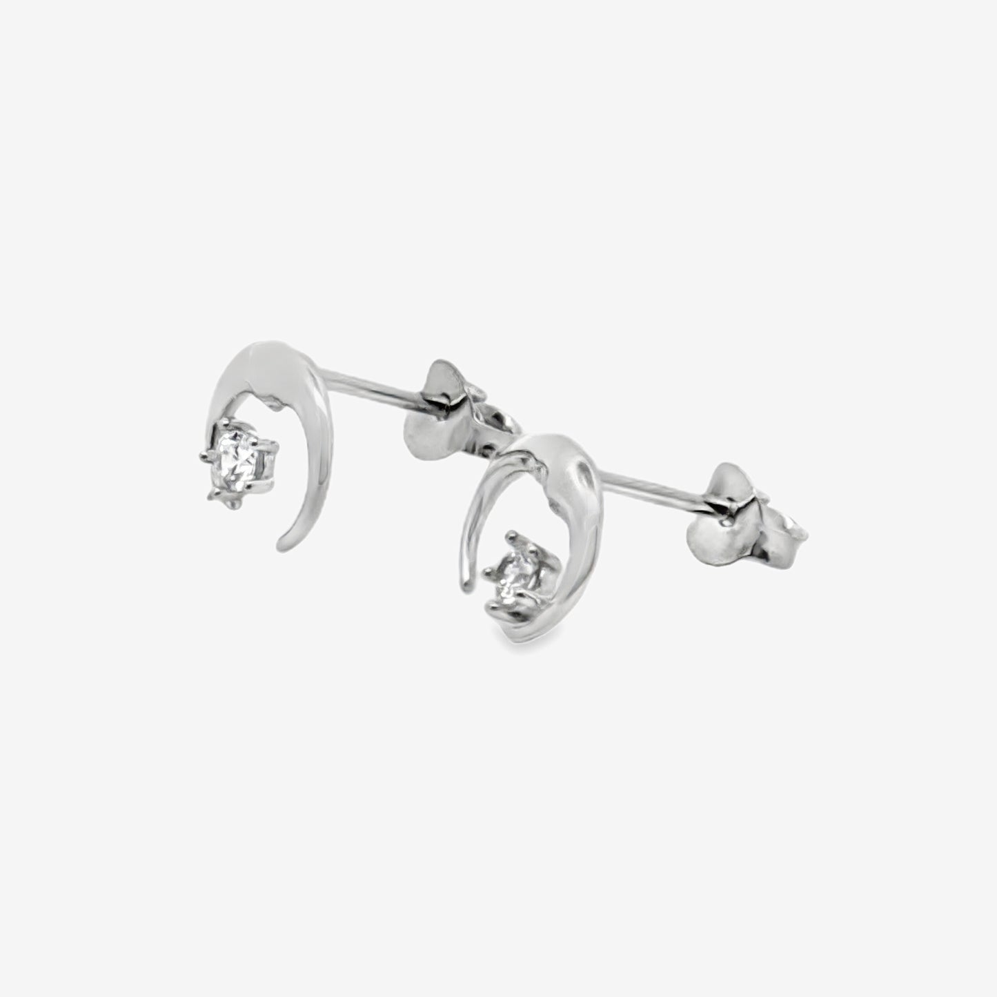 Silver & CZ Crescent Moon Stud Earrings