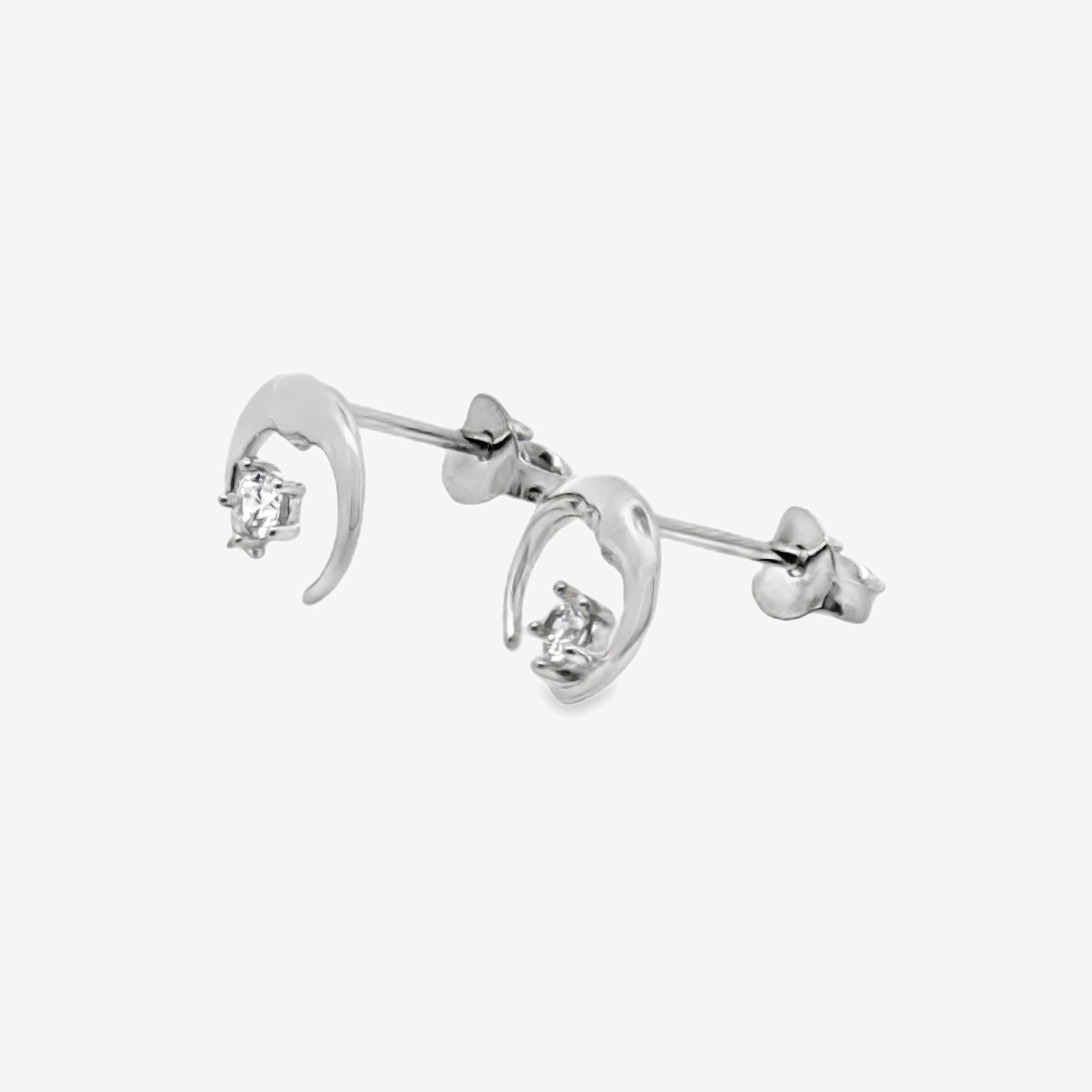 Grace & Co Silver & CZ Crescent Moon Stud Earrings