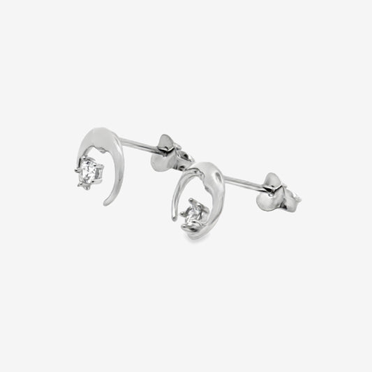 Silver & CZ Crescent Moon Stud Earrings