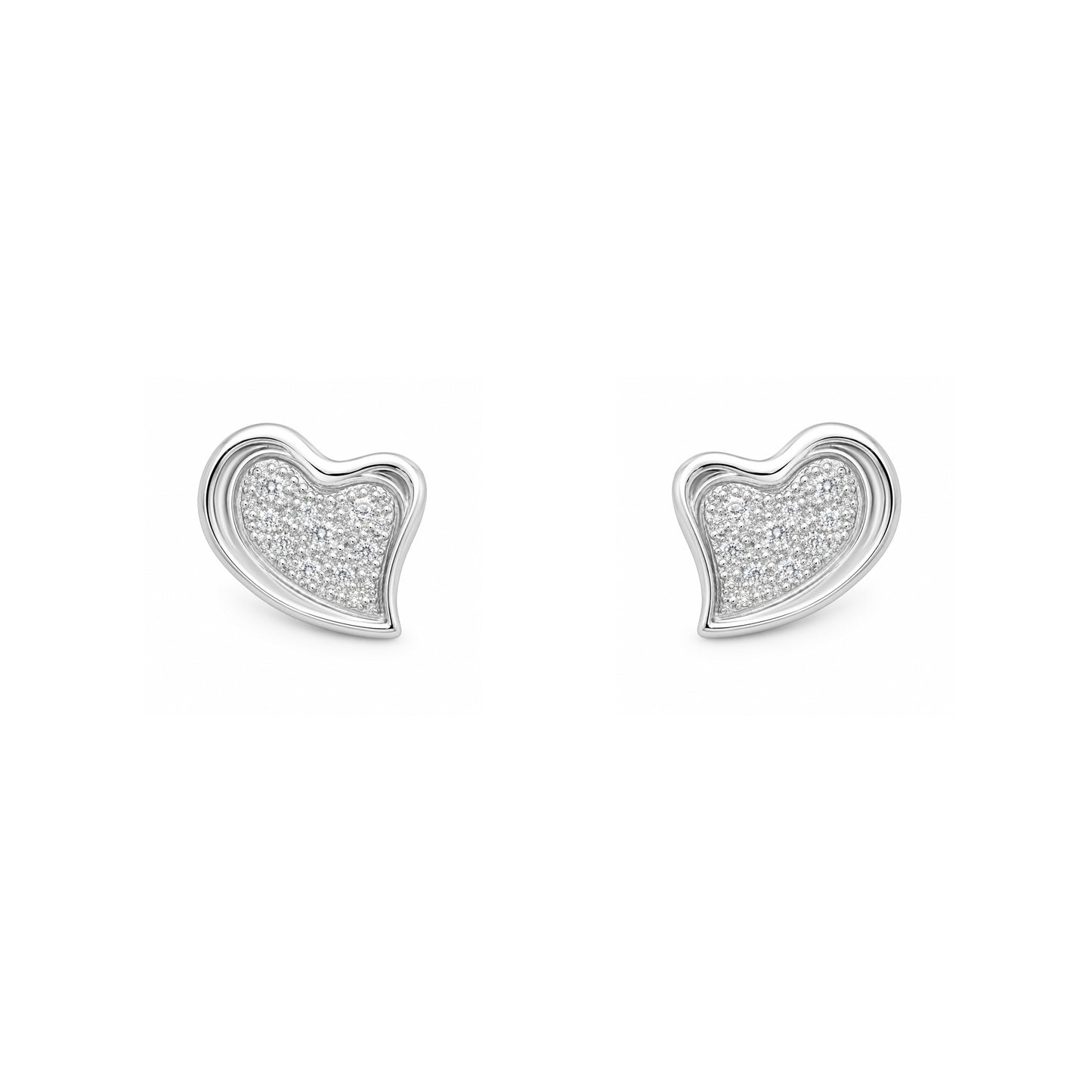 Silver Slanted CZ Heart Stud Earrings