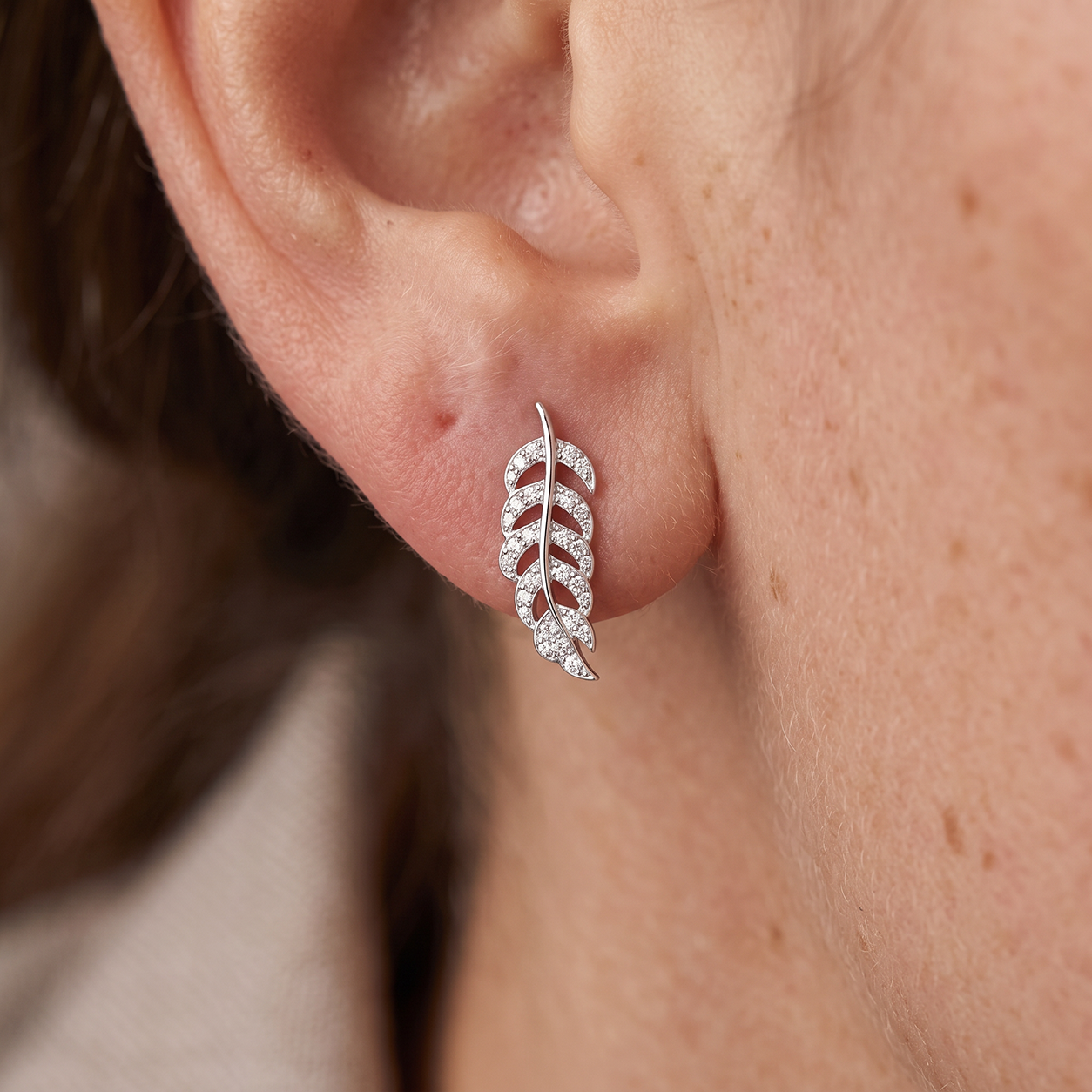 Grace & Co Silver & CZ Pave Feather Stud Earrings
