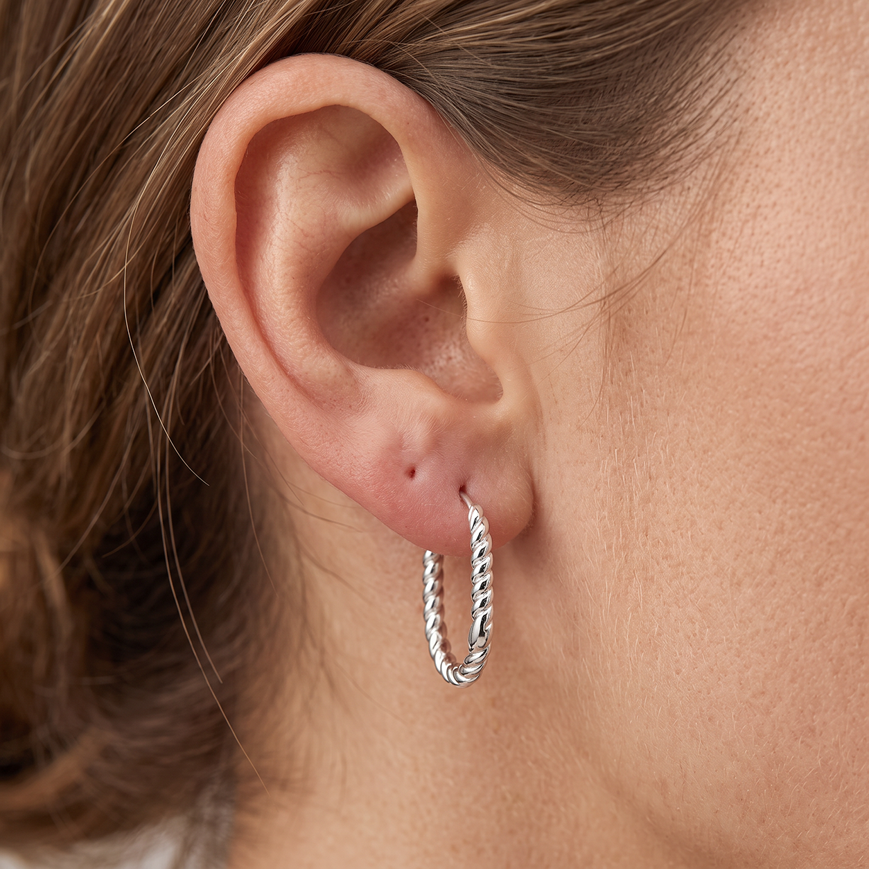 Silver Oval Rope Hoop Earrings