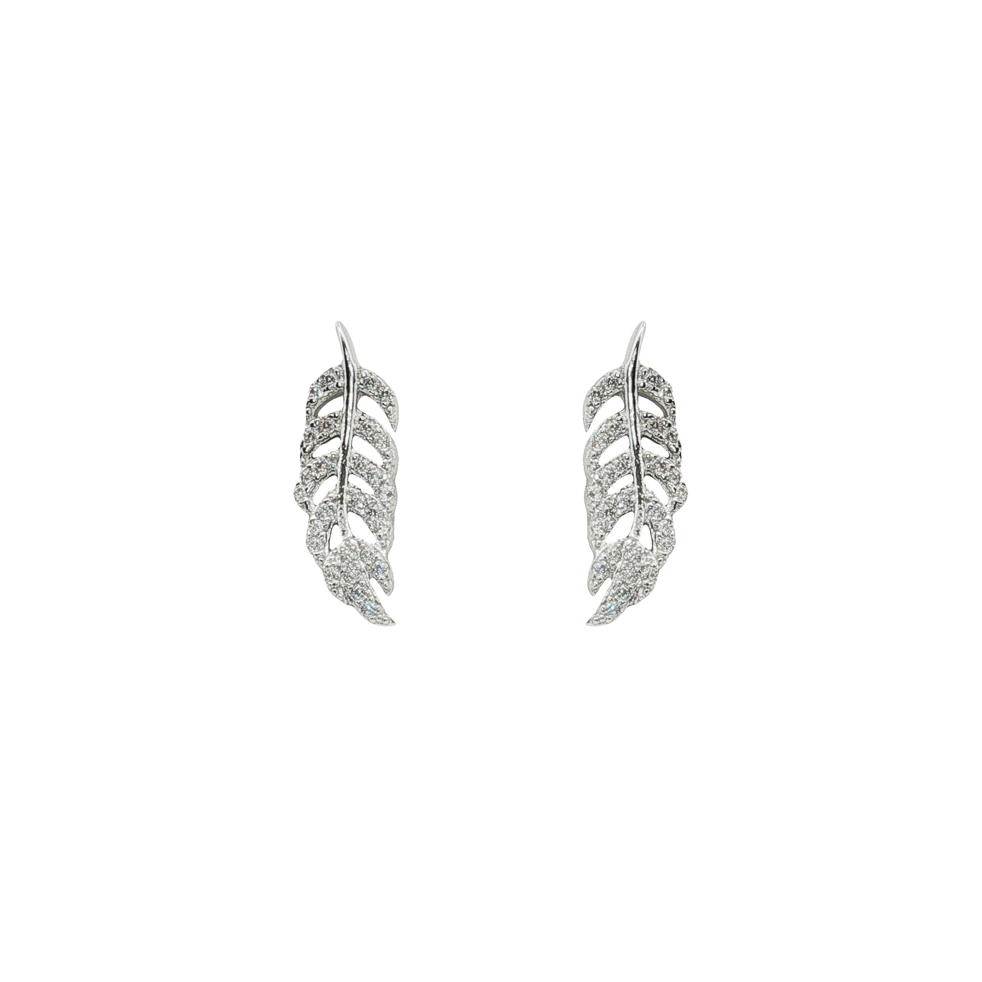 Grace & Co Silver & CZ Pave Feather Stud Earrings