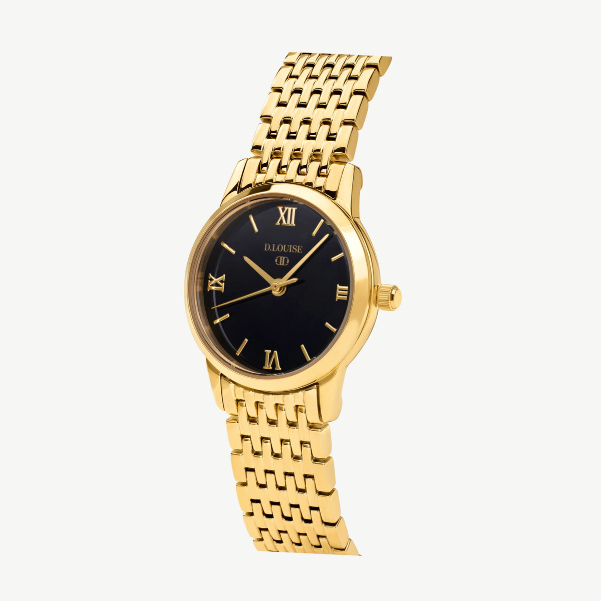 D.LOUISE Classic Link Round Gold Watch With Black Dial