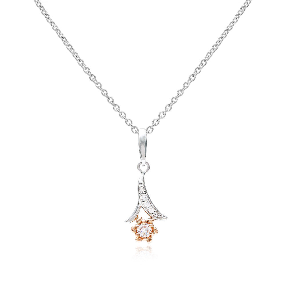 Silver & Rose Gold Inverted CZ Flower Pendant Necklace