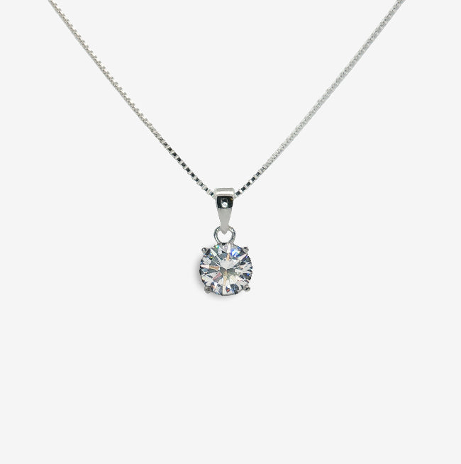 Silver & CZ Clear 6mm Pendant Necklace