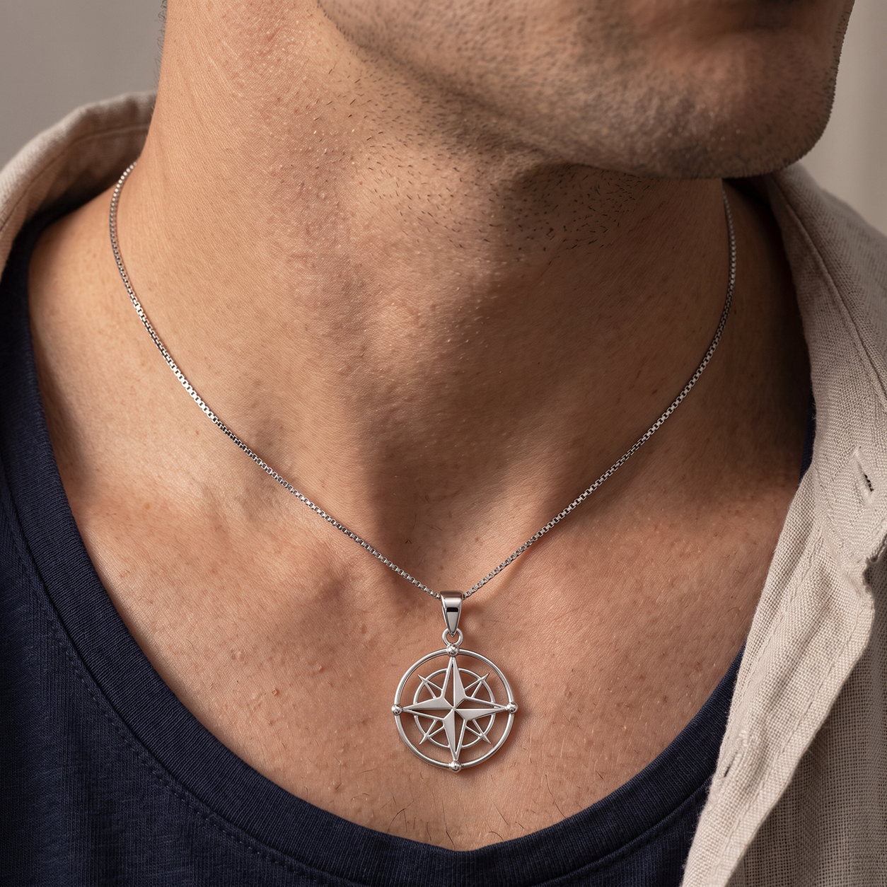 Silver Disc Compass Pendant Necklace