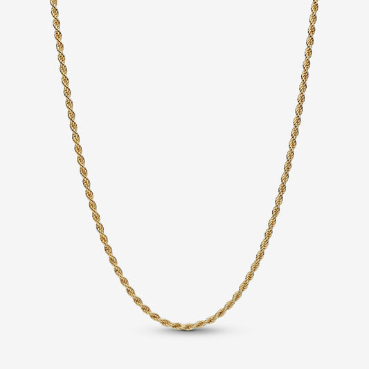 Genuine Pandora 14kt gold blend rope chain necklace featuring tightly woven twisted links and an adjustable sliding clasp.