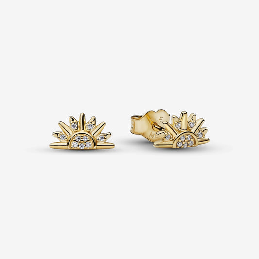 Genuine Pandora 14kt gold blend stud earrings featuring a split-sunburst design set with clear micro cubic zirconia stones.