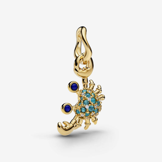 Genuine Pandora 14kt gold blend dangle charm shaped like a crab, featuring a curved claw loop and a body set with blue-hued stones.