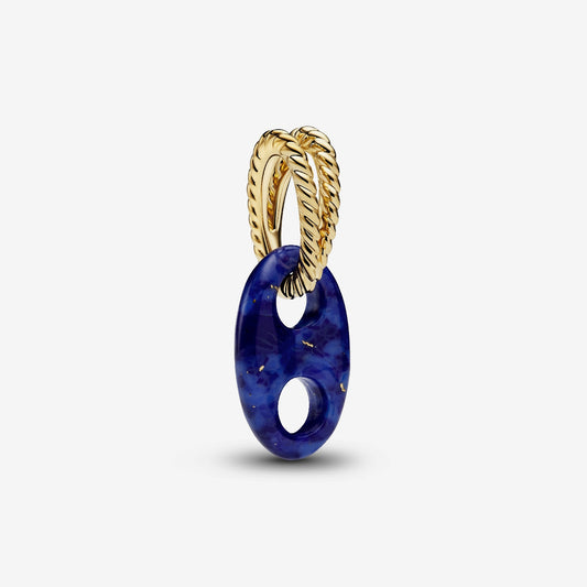 Genuine Pandora 14kt gold blend dangle charm featuring a twisted rope bale and a dark indigo-blue imitation lapis lazuli mariner link.