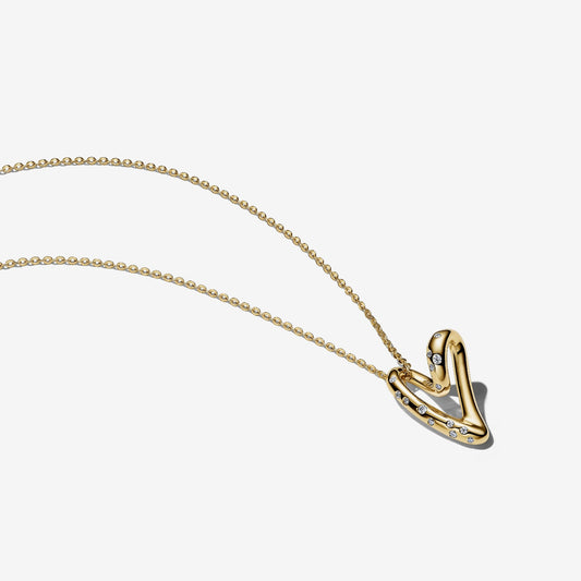 Genuine Pandora 14kt gold blend necklace featuring a 60 cm chain and an organically shaped openwork heart pendant scattered with clear cubic zirconia stones.
