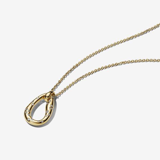 Genuine Pandora 14kt gold blend adjustable necklace featuring an organically shaped molten oval pendant scattered with clear cubic zirconia stones.