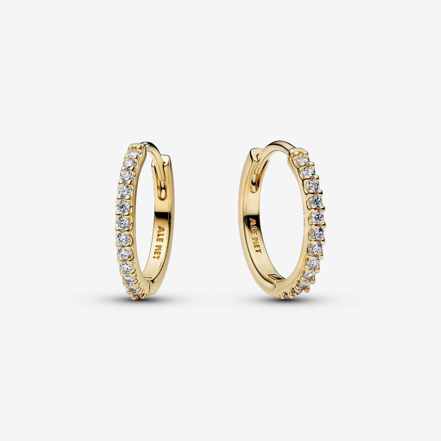 Genuine Pandora 14kt gold blend mini hoop earrings featuring a continuous outer row of pavé-set clear cubic zirconia stones.