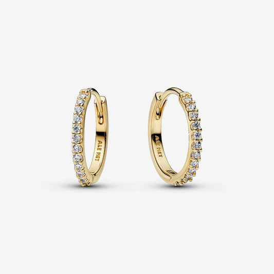 Genuine Pandora 14kt gold blend mini hoop earrings featuring a continuous outer row of pavé-set clear cubic zirconia stones.
