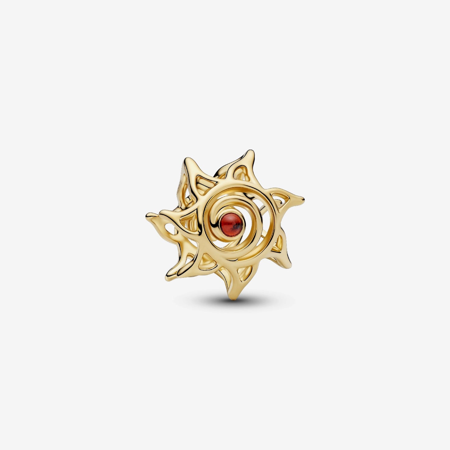 Genuine Pandora 14kt gold blend openwork charm featuring a bursting sun motif and a central dark-orange imitation crystal.