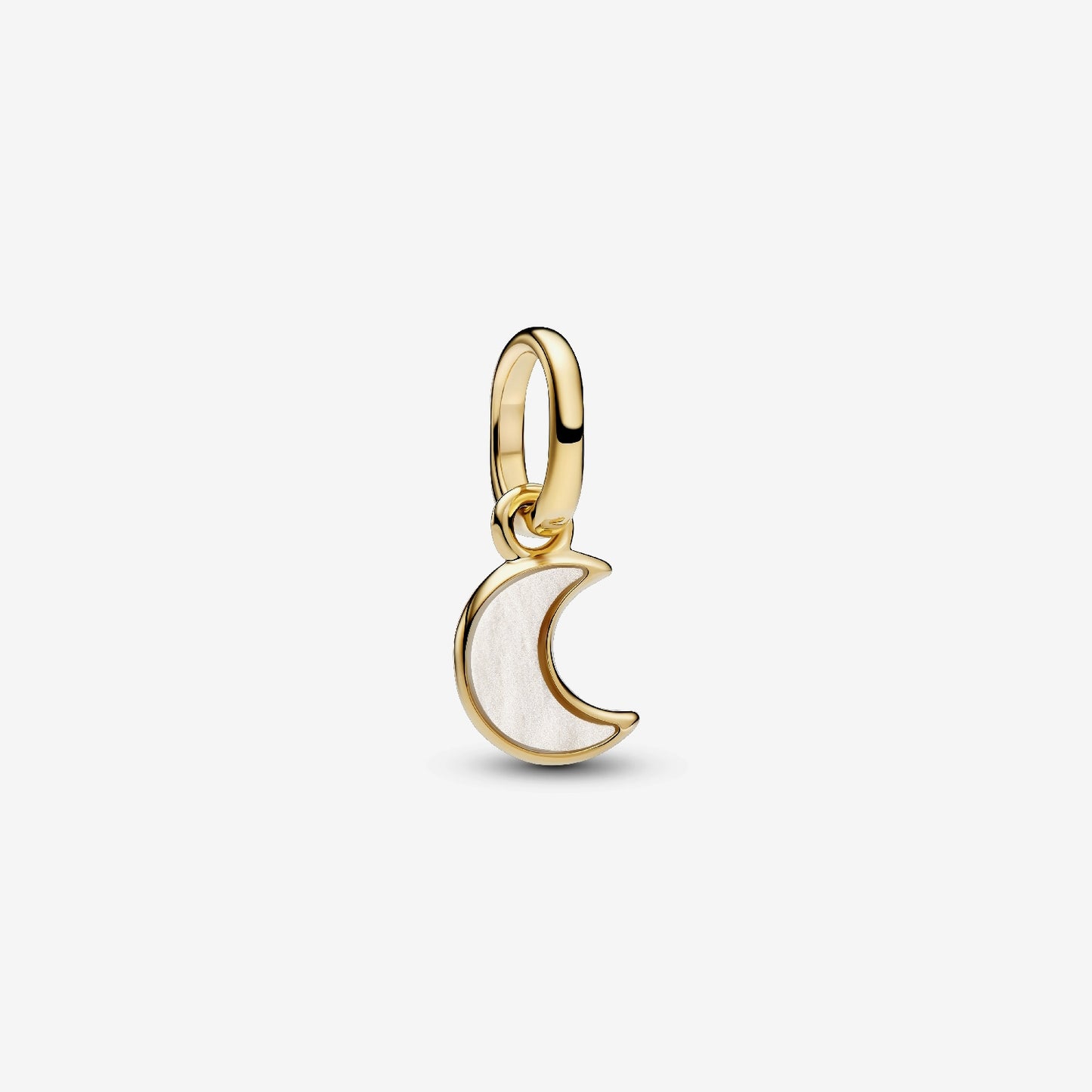Genuine Pandora ME 14kt gold blend mini dangle charm featuring a crescent moon motif, starburst engravings, and a smooth white imitation pearl.