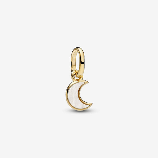 Genuine Pandora ME 14kt gold blend mini dangle charm featuring a crescent moon motif, starburst engravings, and a smooth white imitation pearl.