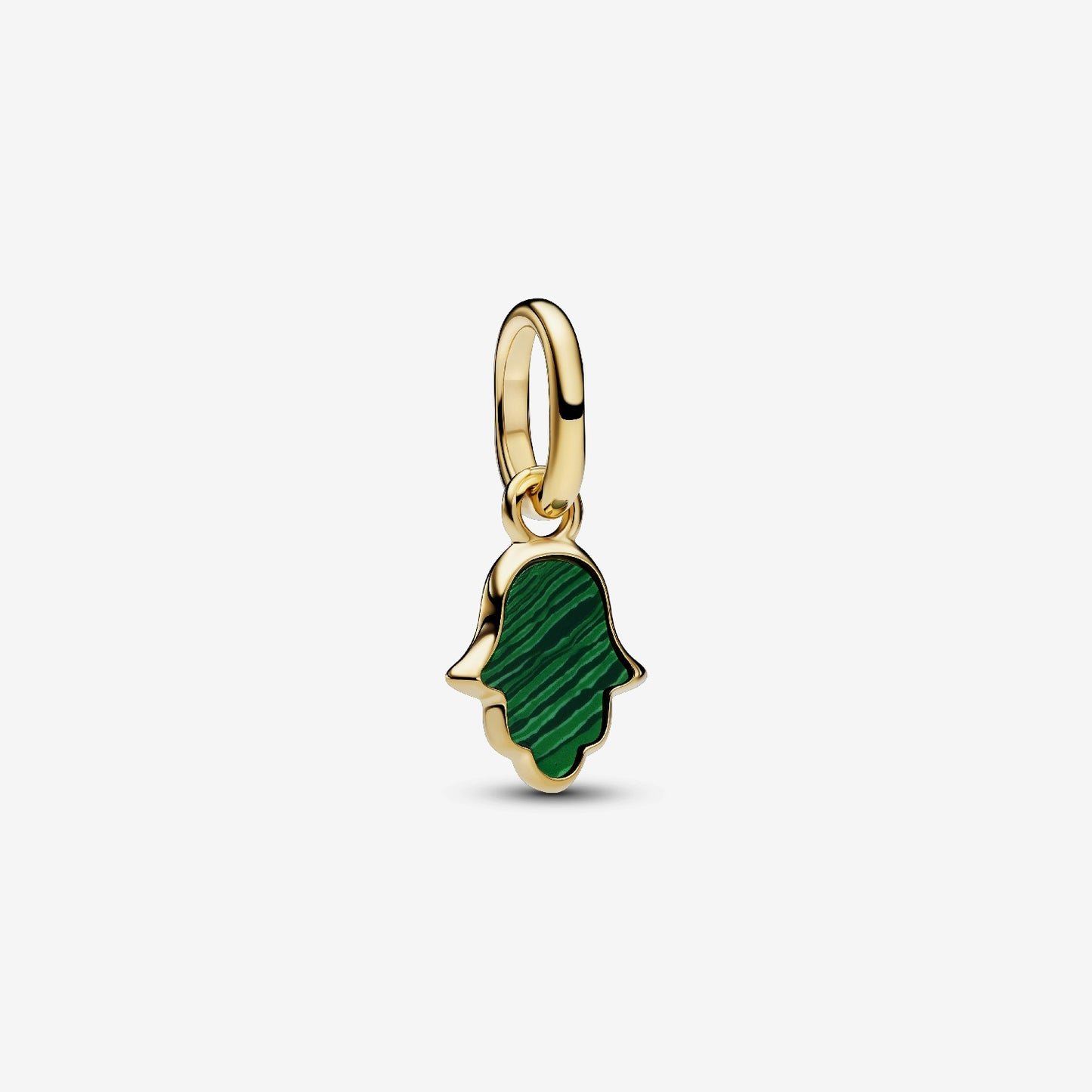 Genuine Pandora ME 14kt gold blend mini dangle charm featuring a Hamsa hand motif with a green imitation malachite inlay.