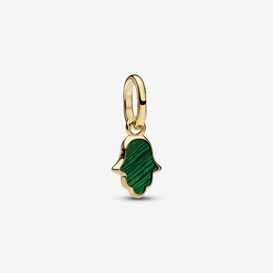 Genuine Pandora ME 14kt gold blend mini dangle charm featuring a Hamsa hand motif with a green imitation malachite inlay.
